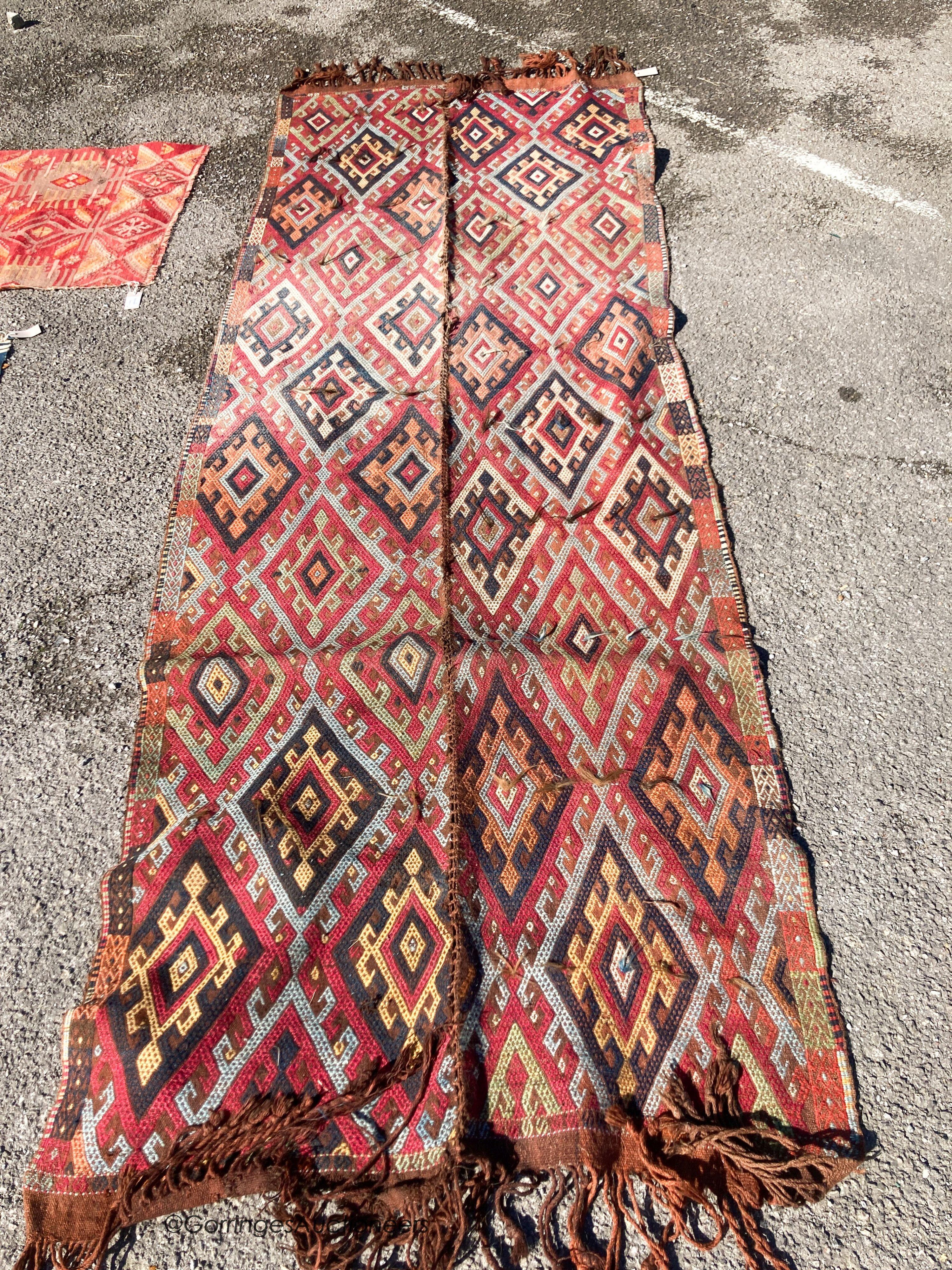 Five various flatweave Kelim rugs/hangings, largest 300 x 115cm